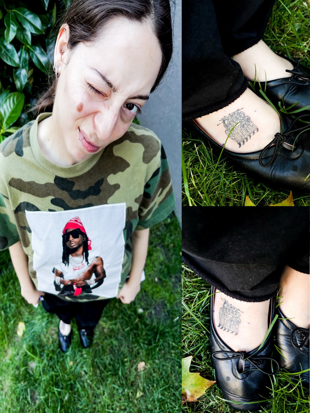 client in camo winking and a fine line foot tattoo, two frames
